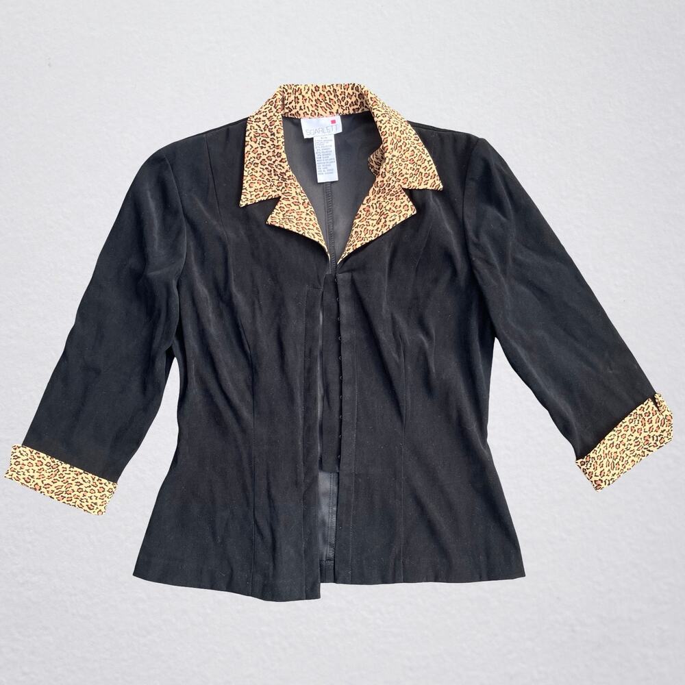 Black blazer leopard print trim 3/4 sleeves, office siren preppy indie sleaze
